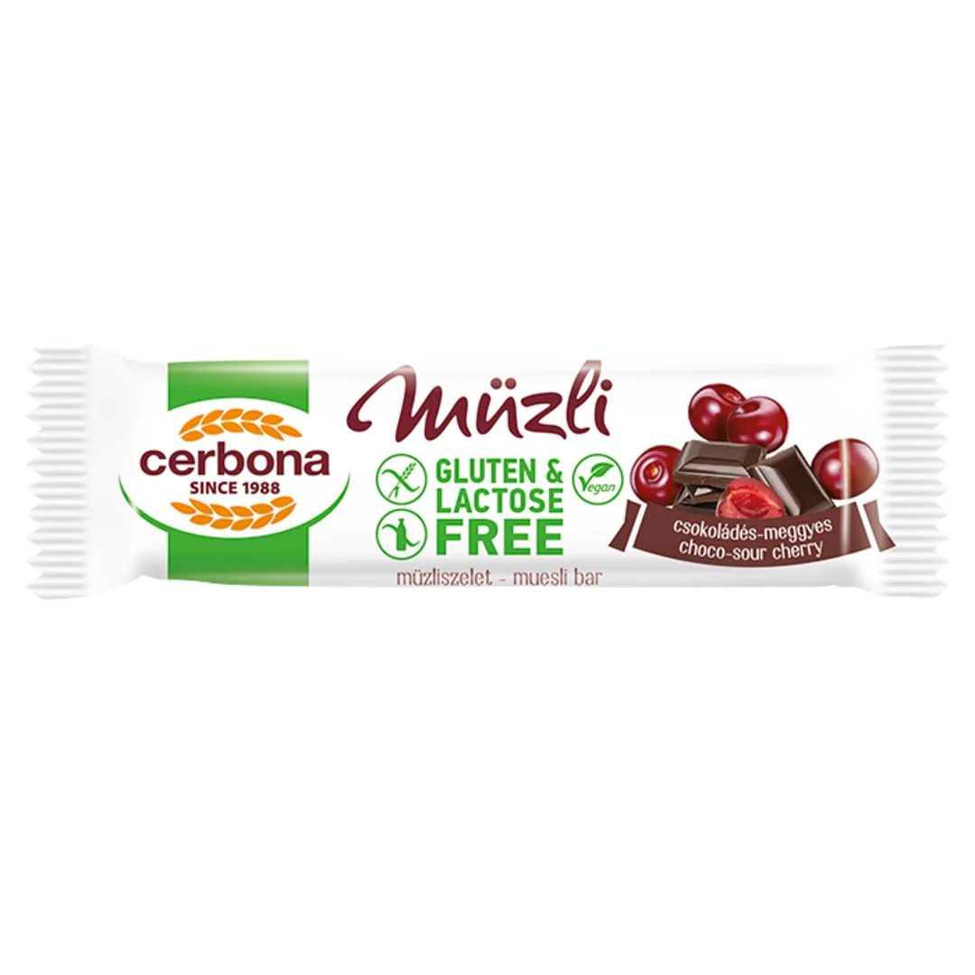 CERBONA MÜZLI 35G GLUTÉNMENTES CSOKOLÁDÉS-MEGGYES