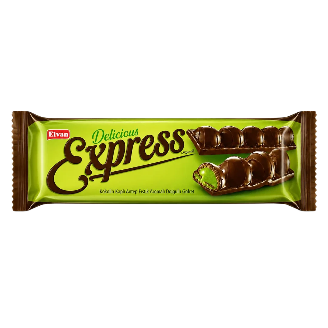 Elvan Express Choco pisztácia ízű krémmel töltött, csokoládéval bevont ostyadesszert 30 g