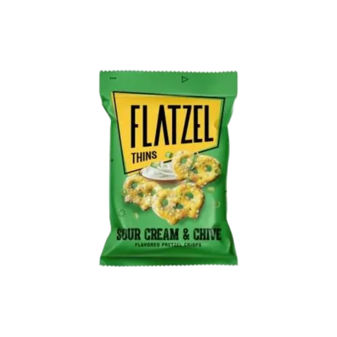 Flatzel Pretzel Crisps Sour Cream & Chives tejfölös-snidlings ízű lapos perec 65 g