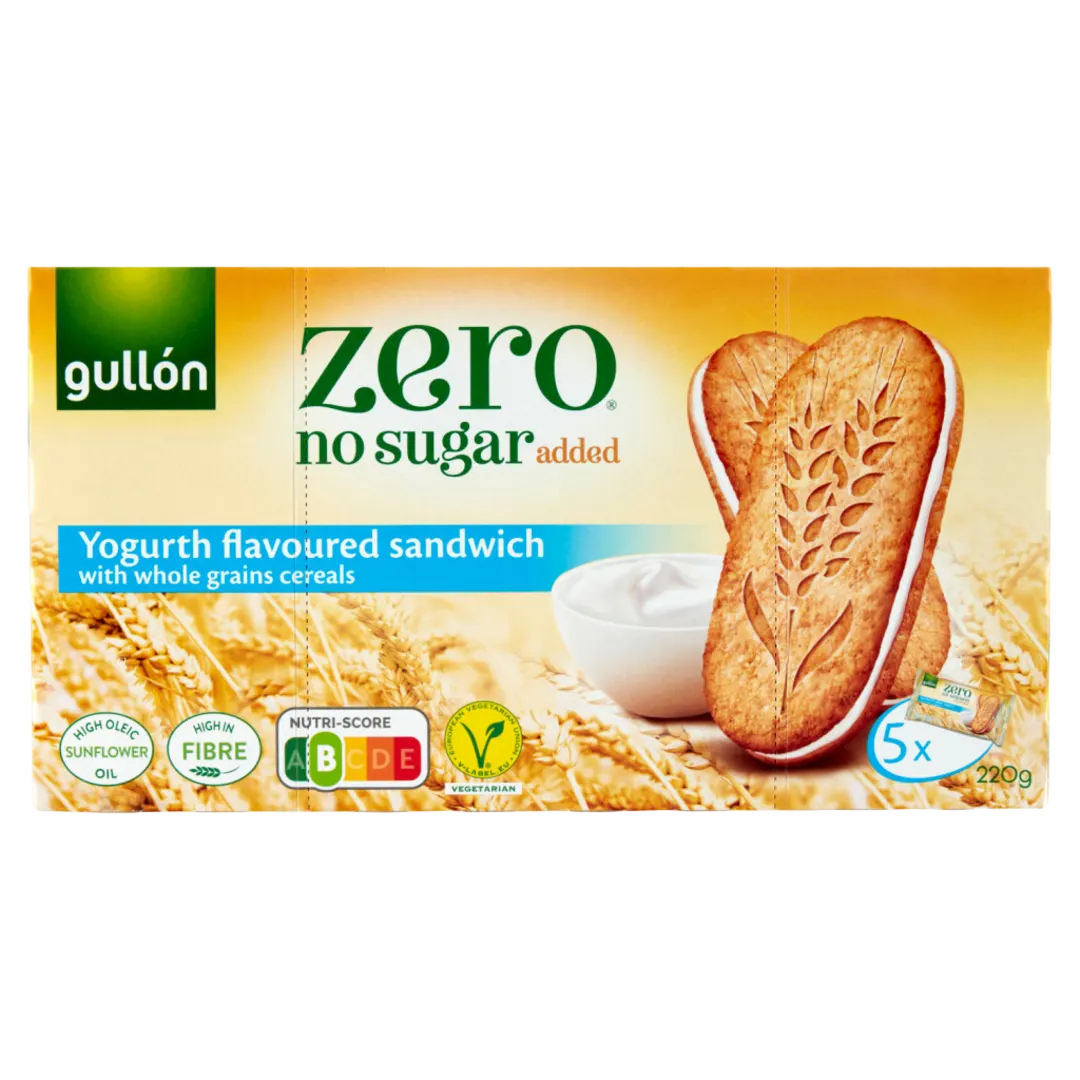 Gullón Zero joghurtos krémmel töltött teljes kiőrlésű szendvicskeksz, hozzáadott cukor nélkül 220 g