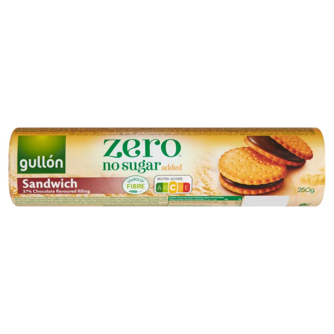 Gullón Zero csokoládéízű krémmel töltött keksz édesítőszerrel, hozzáadott cukor nélkül 250 g
