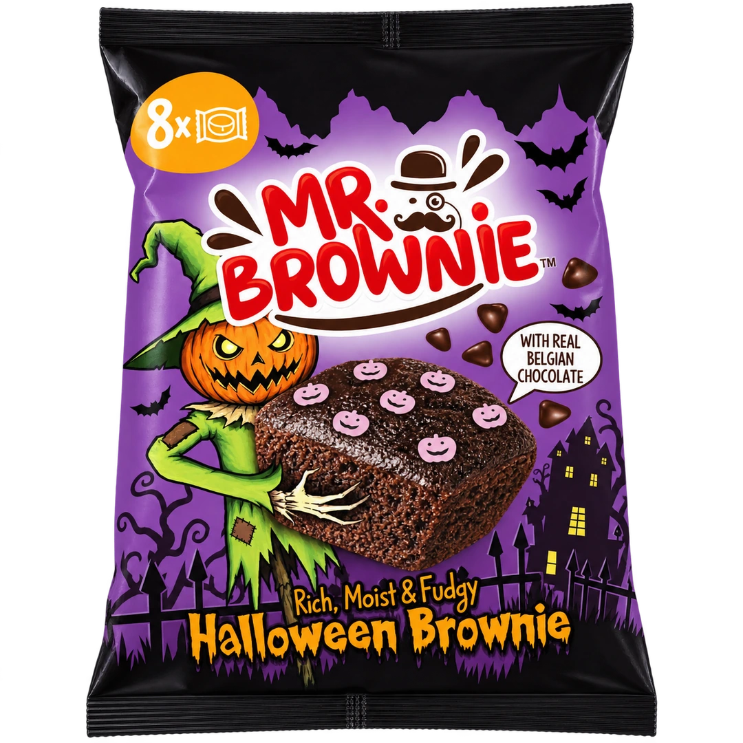 Mr. Brownie Halloween brownie belga csokoládé darabokkal, színes cukorka szórással