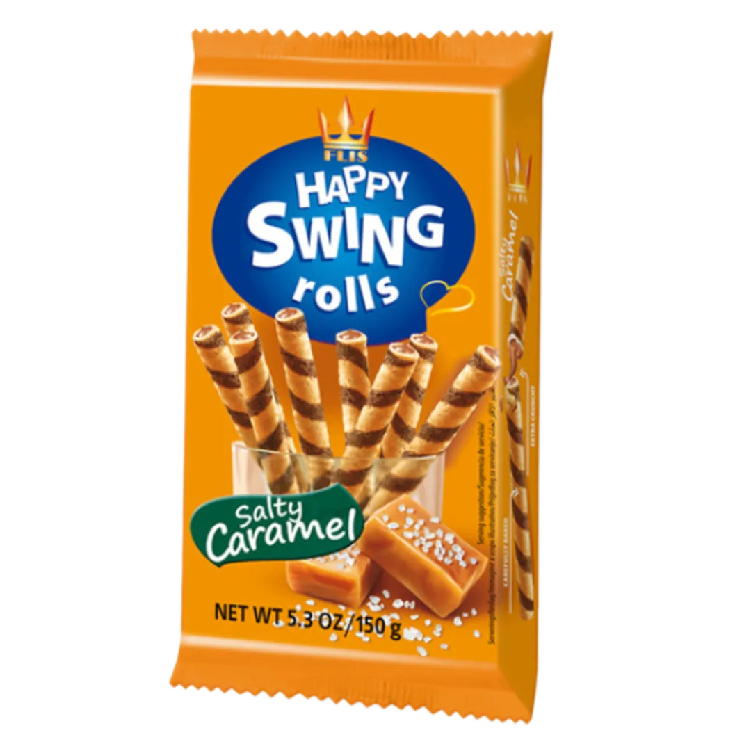 Happy Swing Rolls sós karamell ízű krémmel töltött ostyarudak 150 g