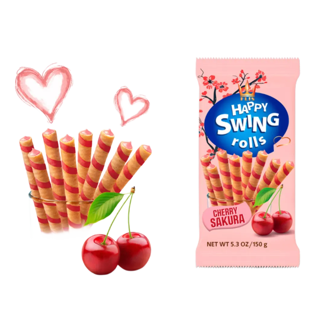 Happy Swing Rolls Sakura Cherry cseresznyevirág ízű krémmel töltött ostyarudak 150 g