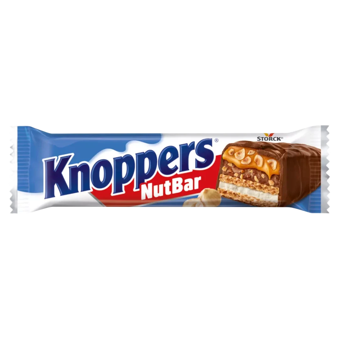 Knoppers NutBar tejes és nugátkrémmel, mogyoróval töltött, tejcsokoládéval bevont ostyaszelet 40 g