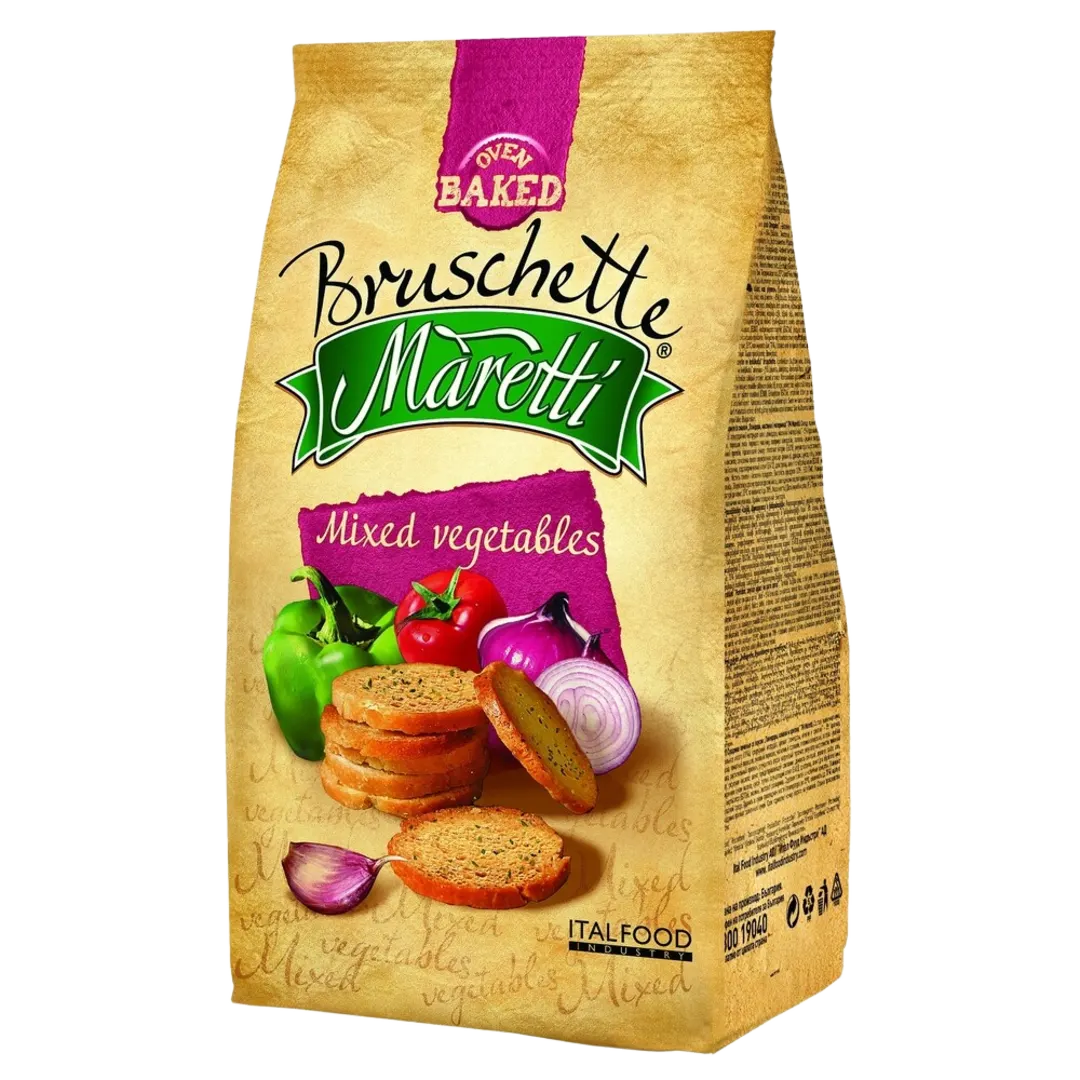 Maretti Bruschette Mixed Vegetables mediterrán zöldséges pirított kenyérkarika 70 g