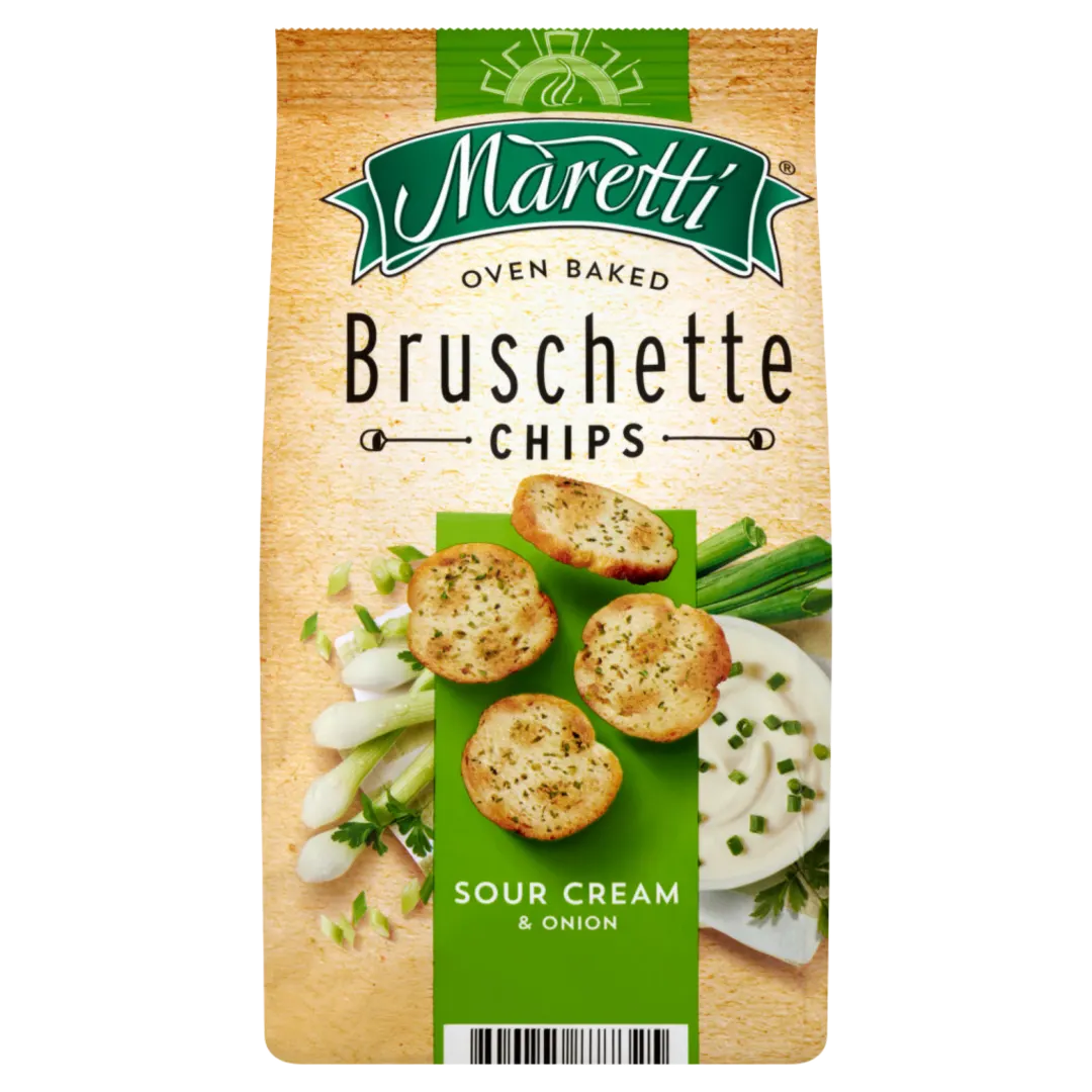 Maretti Bruschette Sour Cream & Onion tejfölös-hagymás pirított kenyérkarika 70 g