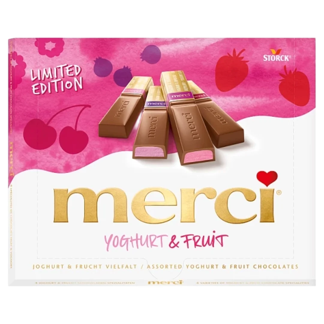 merci Yoghurt & Fruit joghurtos és gyümölcsös töltött tejcsokoládé-különlegesség válogatás 250 g
