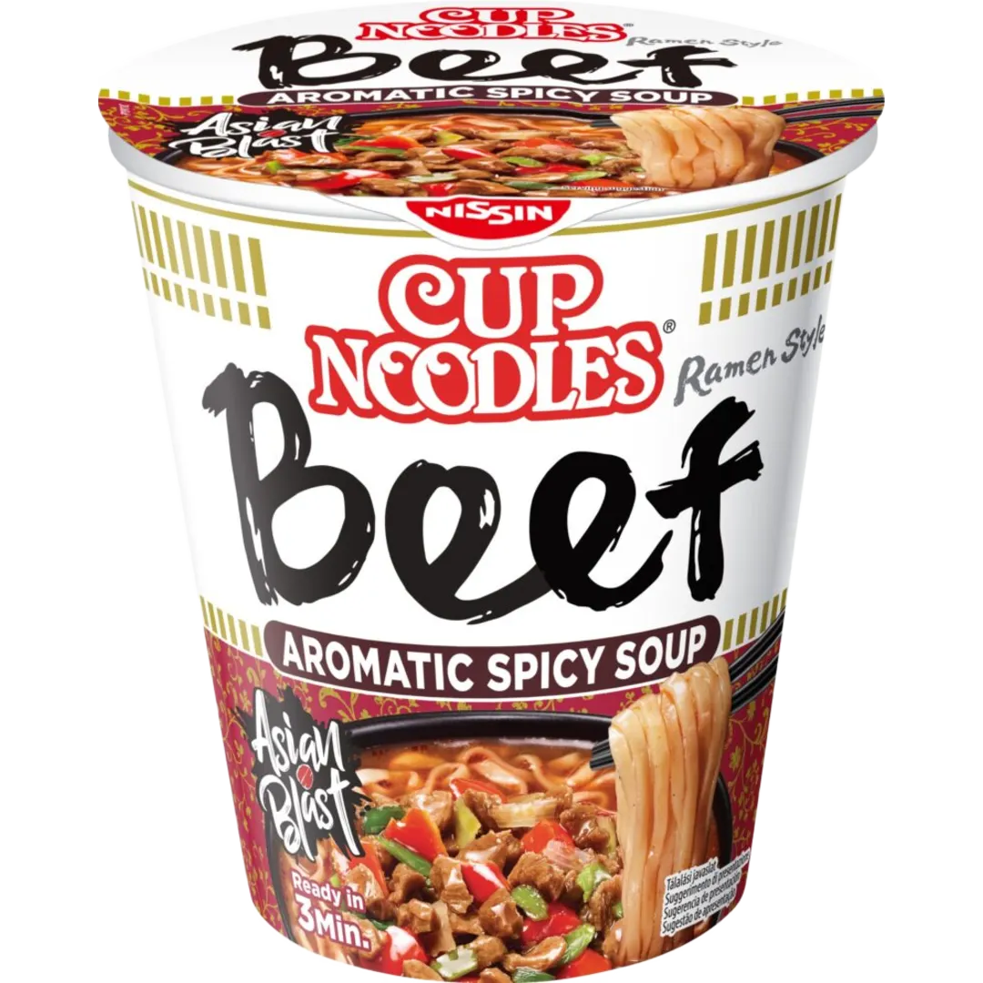 Nissin Cup Noodles fűszeres marha ízesítésű instant tésztaleves 64 g