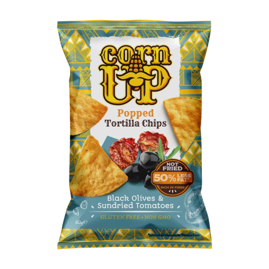 CornUP! Tortilla Chips Black Olives & Sundried Tomatoes fekete olívás-paradicsomos tortilla chips 60 g